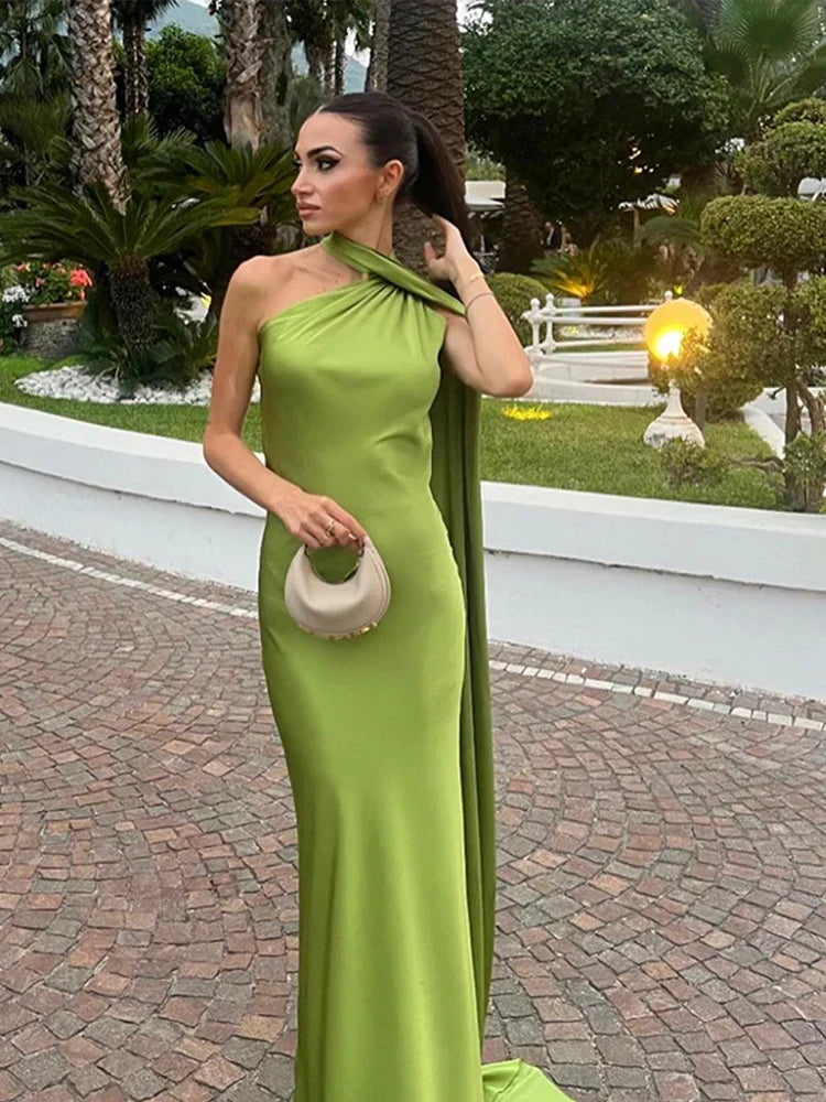 Satin Halter Neck Asymmetric Draped Sash Floor Length Gown