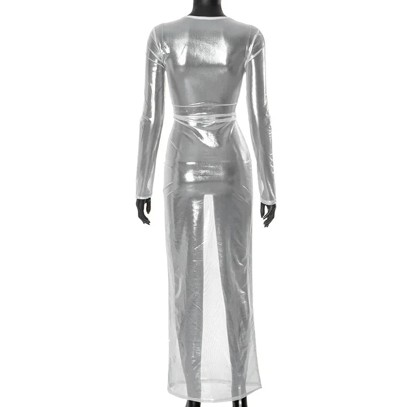 Mesh Long Sleeve Crew Neck Bodycon Maxi Dress