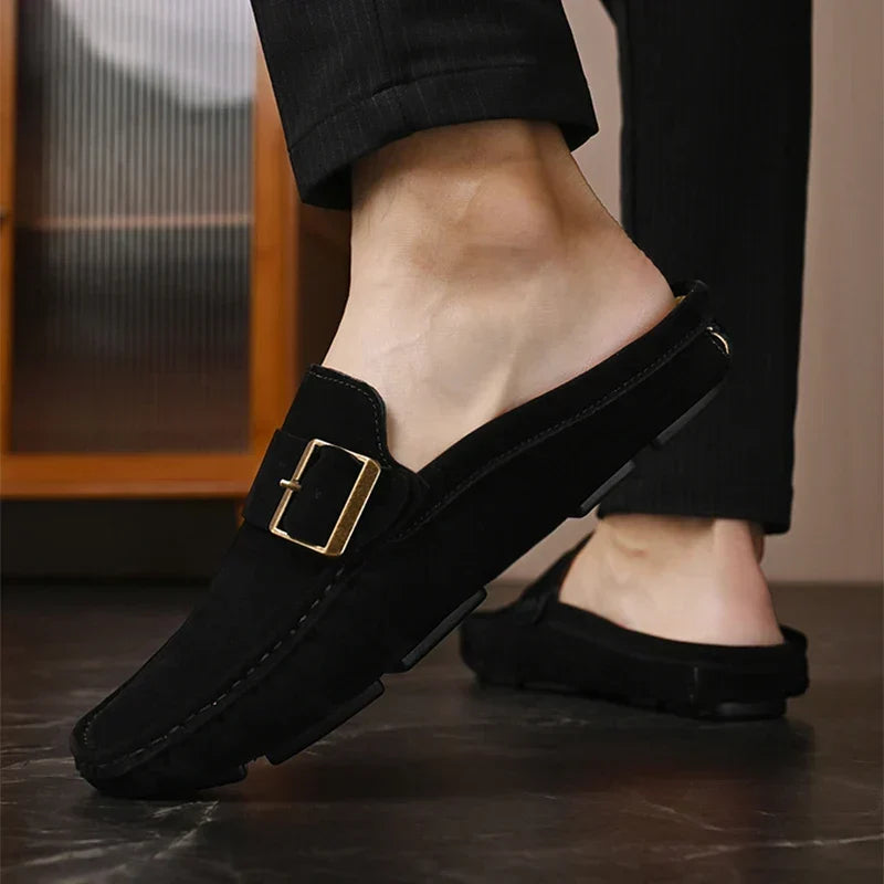 Suede Look Buckle Strap Backless Loafer Mules