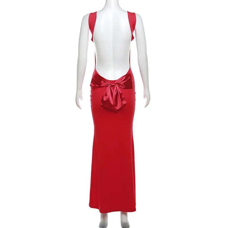 Bow Open Back Cowl Neck Long Dresses For Women