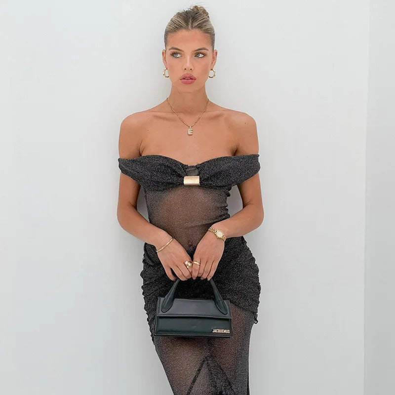 Mesh Ruffled Gray Off - shoulder Long Dress - View 5