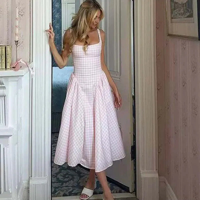 Gingham Square Neck Sleeveless Drop Waist A-Line Midi Dress