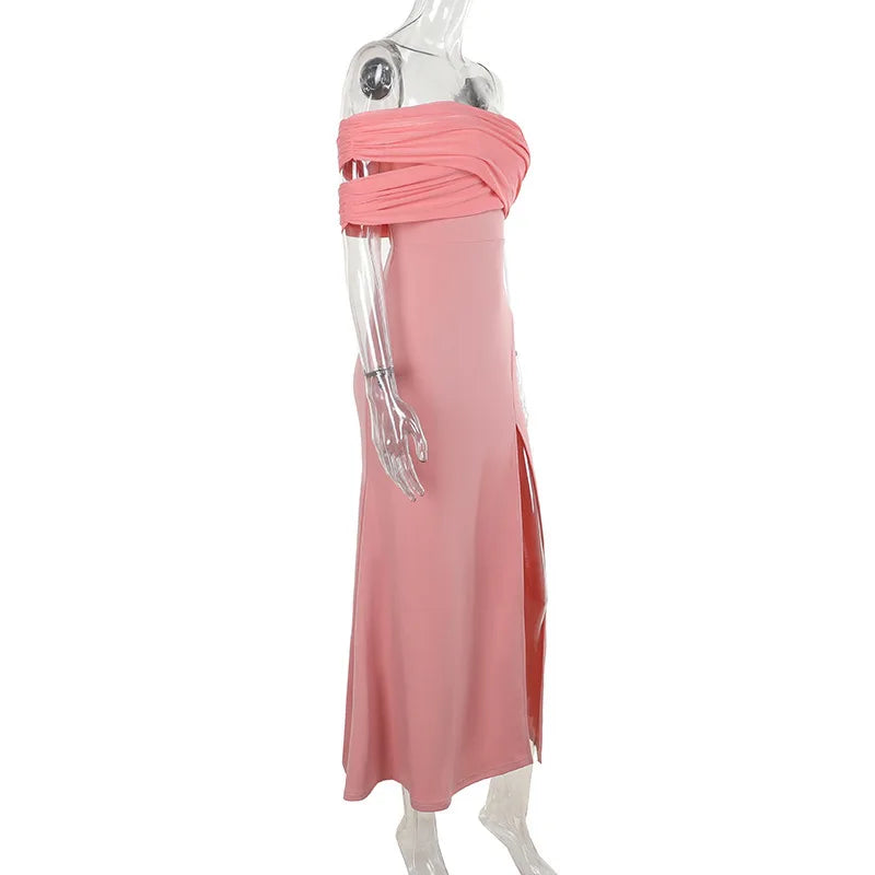 Off Shoulder Ruched Mesh Bodice High Split Mermaid Maxi Dress 14