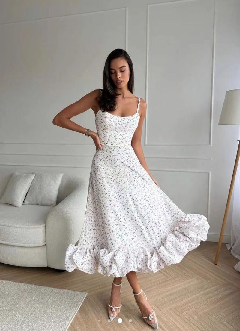 Spaghetti Strap Scoop Neck Tiered Ruffle A-Line Midi Dress
