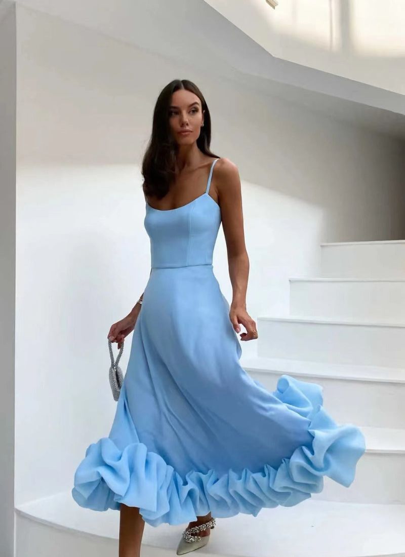Spaghetti Strap Scoop Neck Tiered Ruffle A-Line Midi Dress