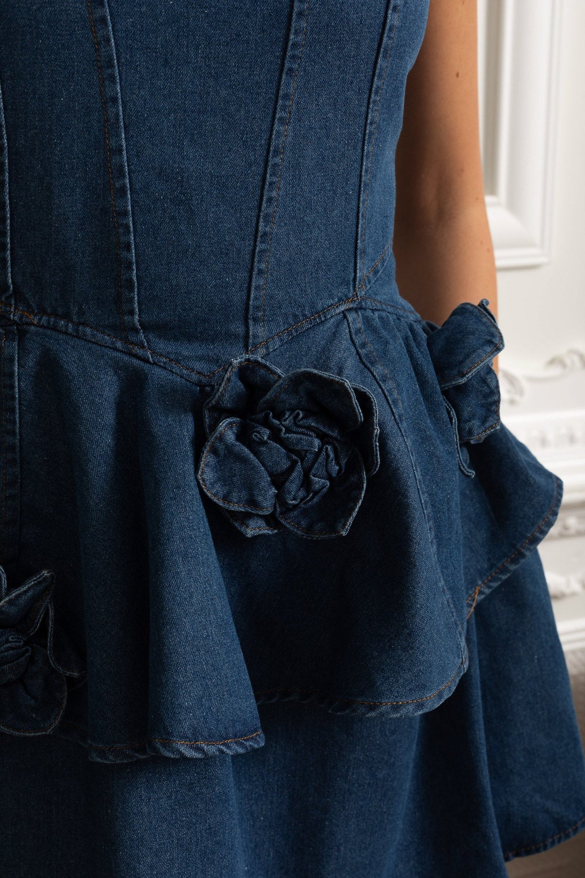 Denim-Look Square Neck Sleeveless Rosette Peplum Mini Dress 5