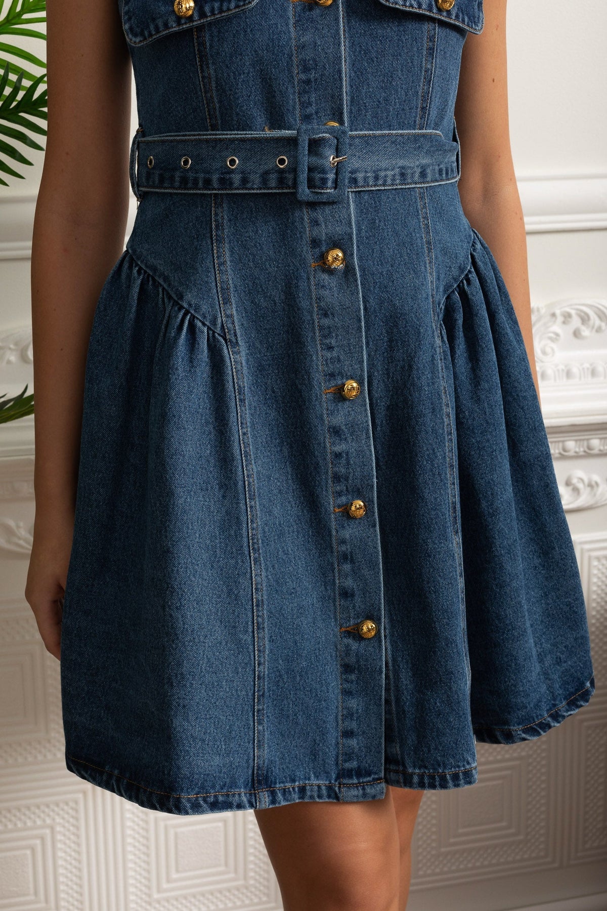 Denim Sleeveless Button Front Belted Flap Pocket Mini Dress - View 5