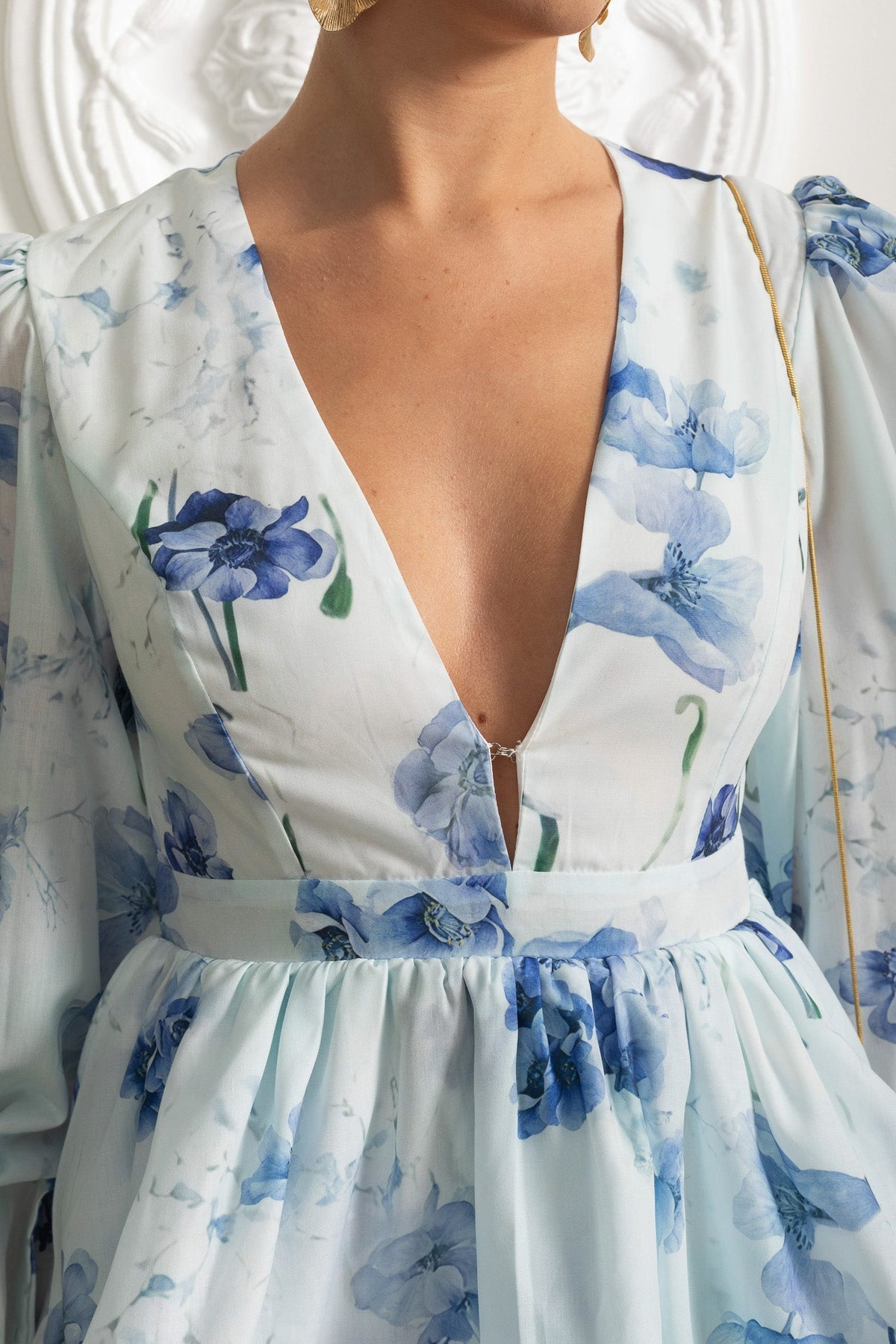Floral Deep V-Neck Puff Long Sleeve Peplum Tiered Mini Dress 5