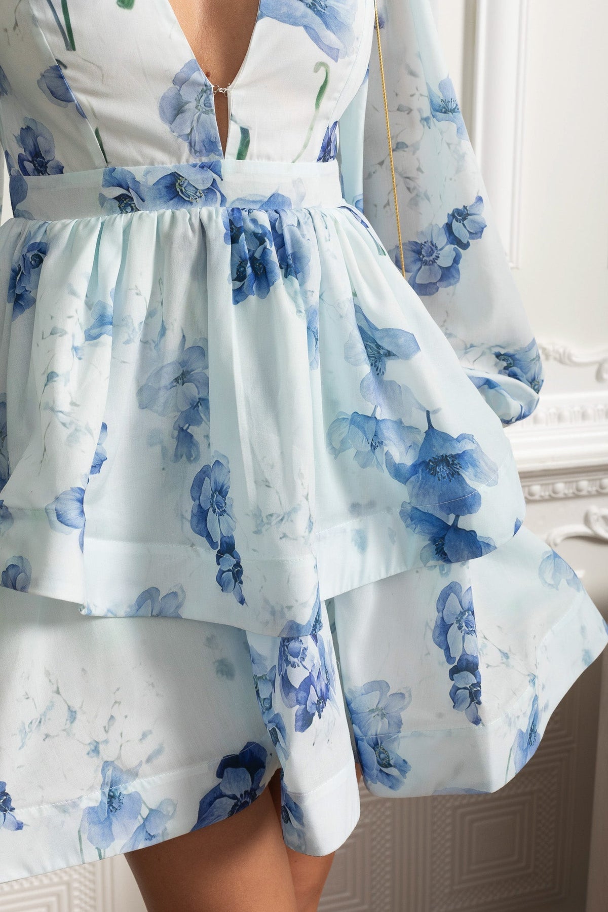 Floral Deep V-Neck Puff Long Sleeve Peplum Tiered Mini Dress 6