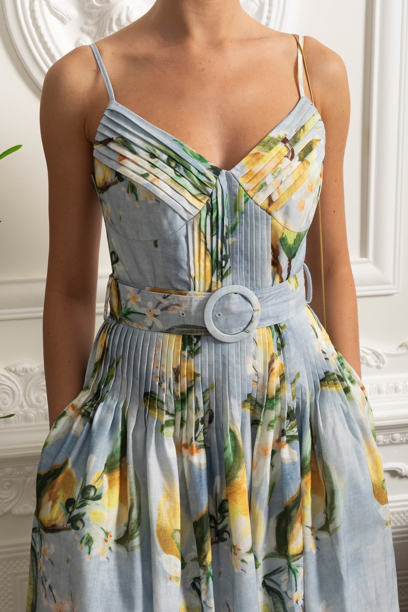 Pleated Bust Belted Midi Dress with Spaghetti Straps - Sky Blue