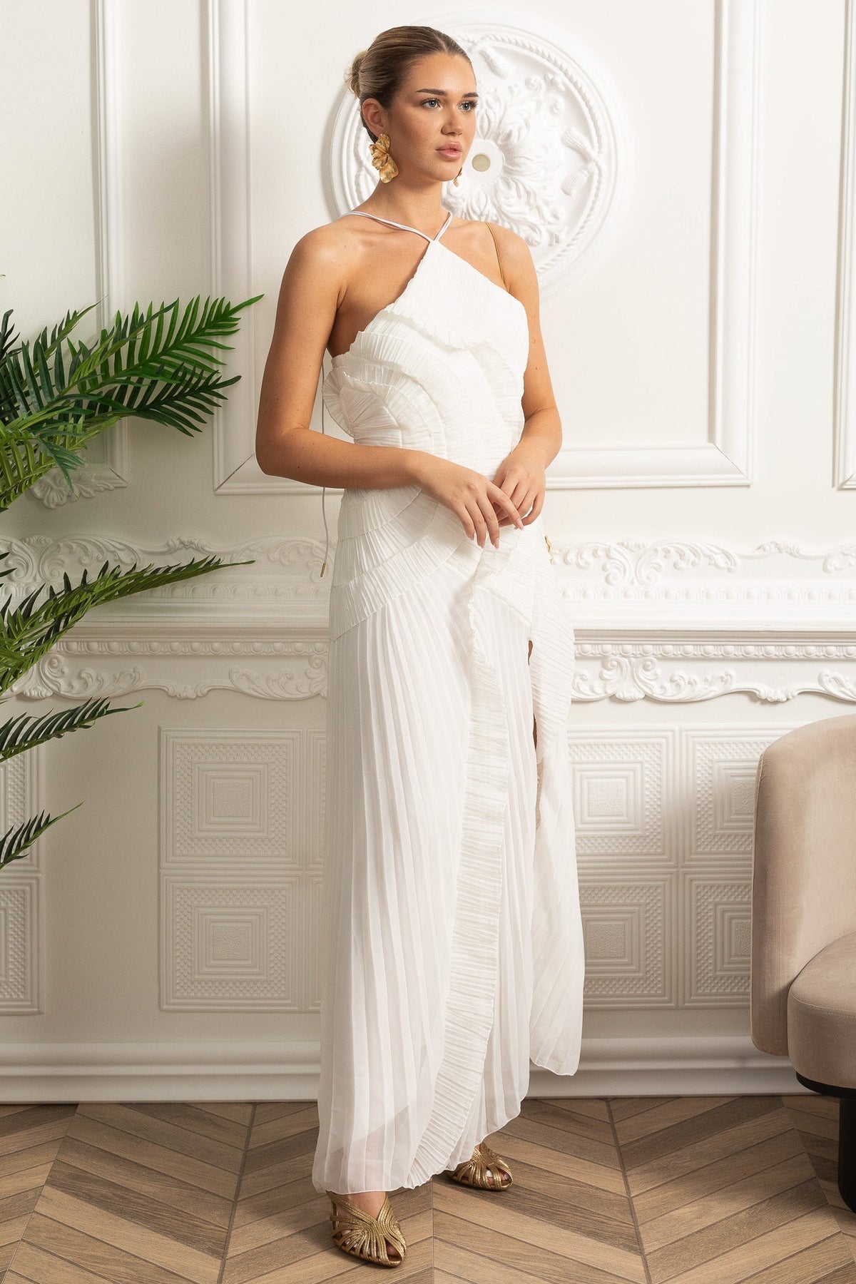 Pleated Halter Neck Cascading Ruffle High Split Maxi Dress 10