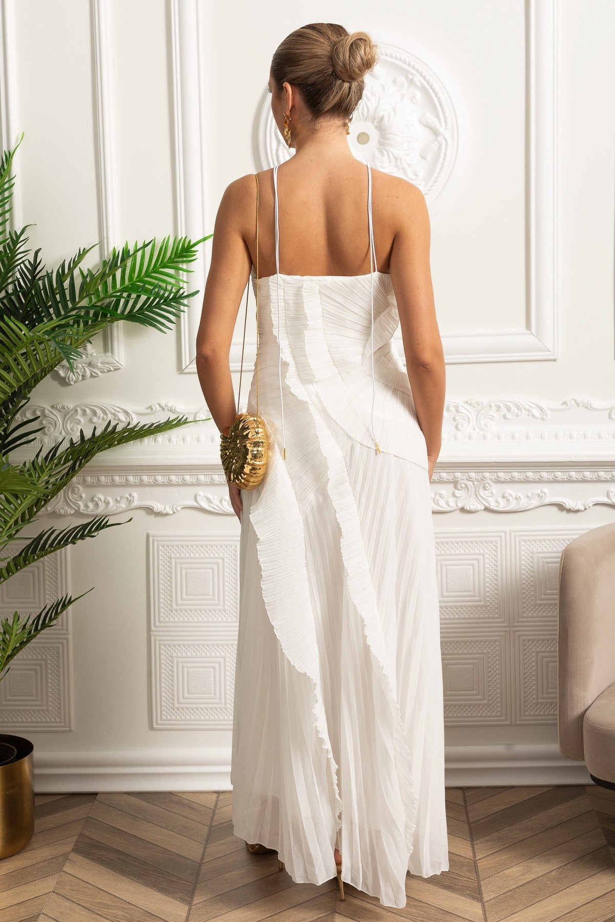 Pleated Halter Neck Cascading Ruffle High Split Maxi Dress 9
