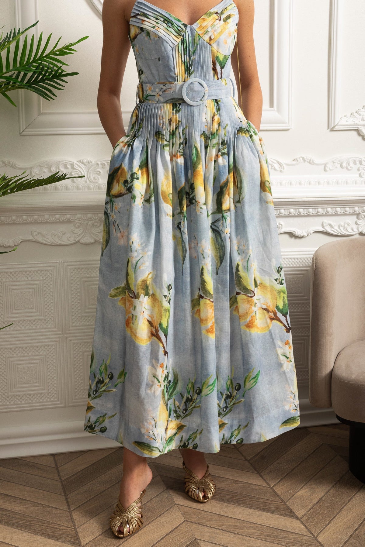 Lemon Print V-Neck Spaghetti Strap Pintuck Belted Pocket Midi Dress - View 7