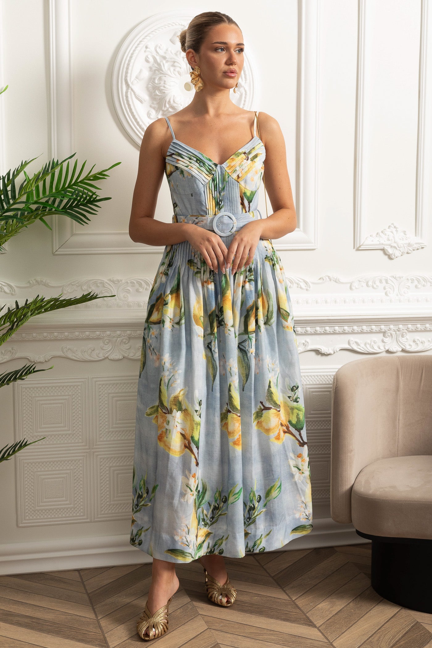 Lemon Print V-Neck Spaghetti Strap Pintuck Belted Pocket Midi Dress - View 9