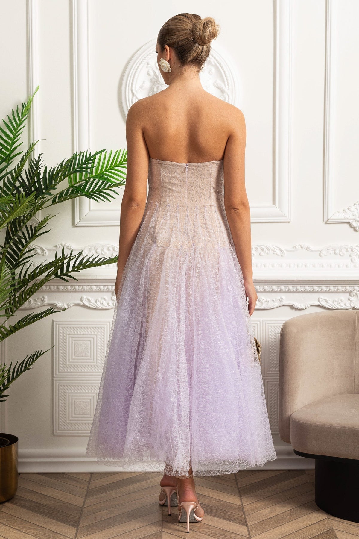 Strapless Ombre Lace Tulle A-Line Midi Dress 9