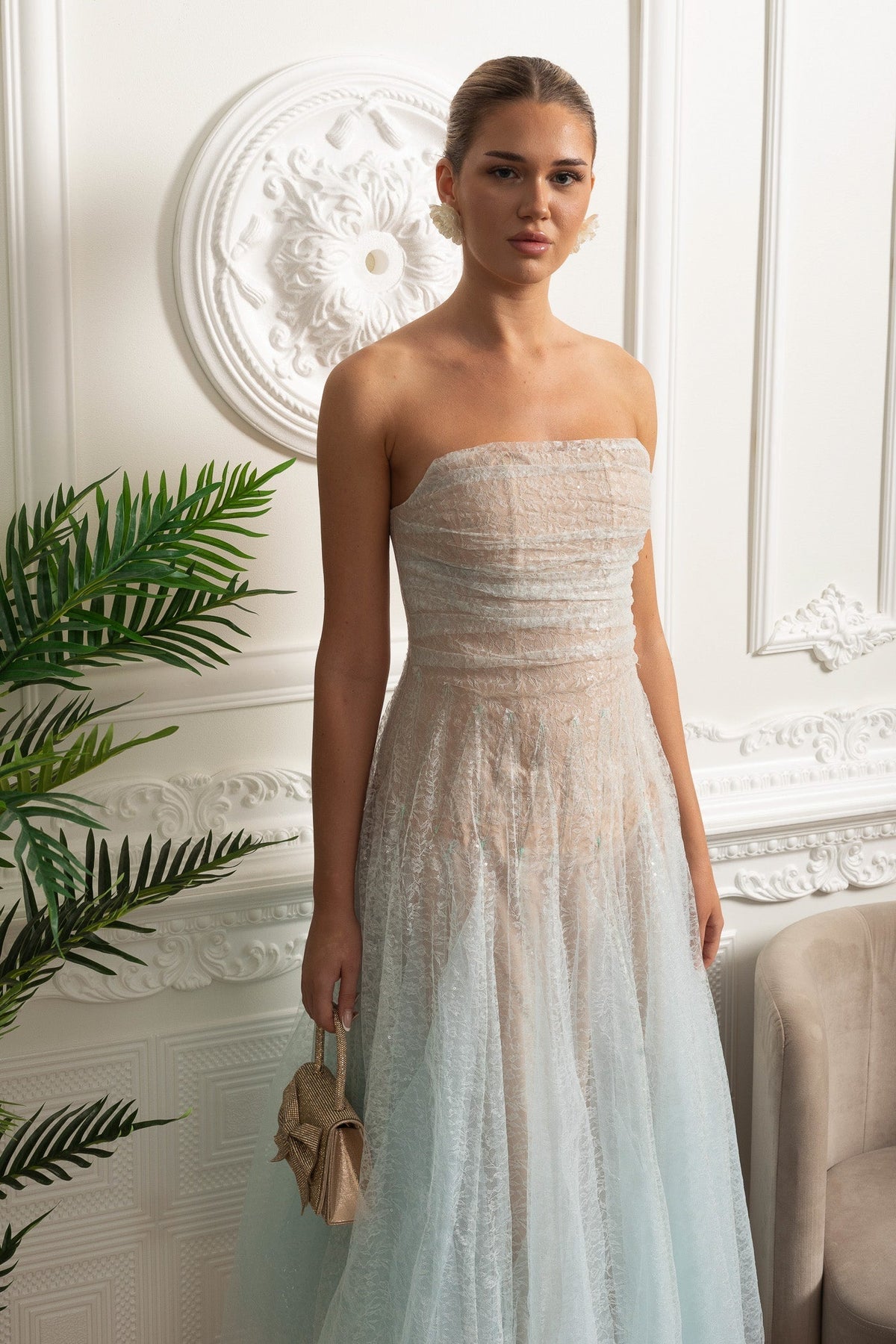 Strapless Ombre Lace Tulle A-Line Midi Dress 5