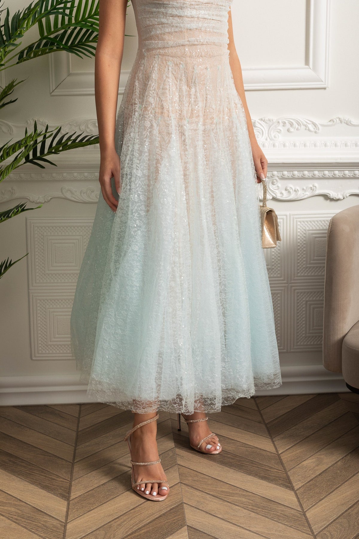Strapless Ombre Lace Tulle A-Line Midi Dress 6