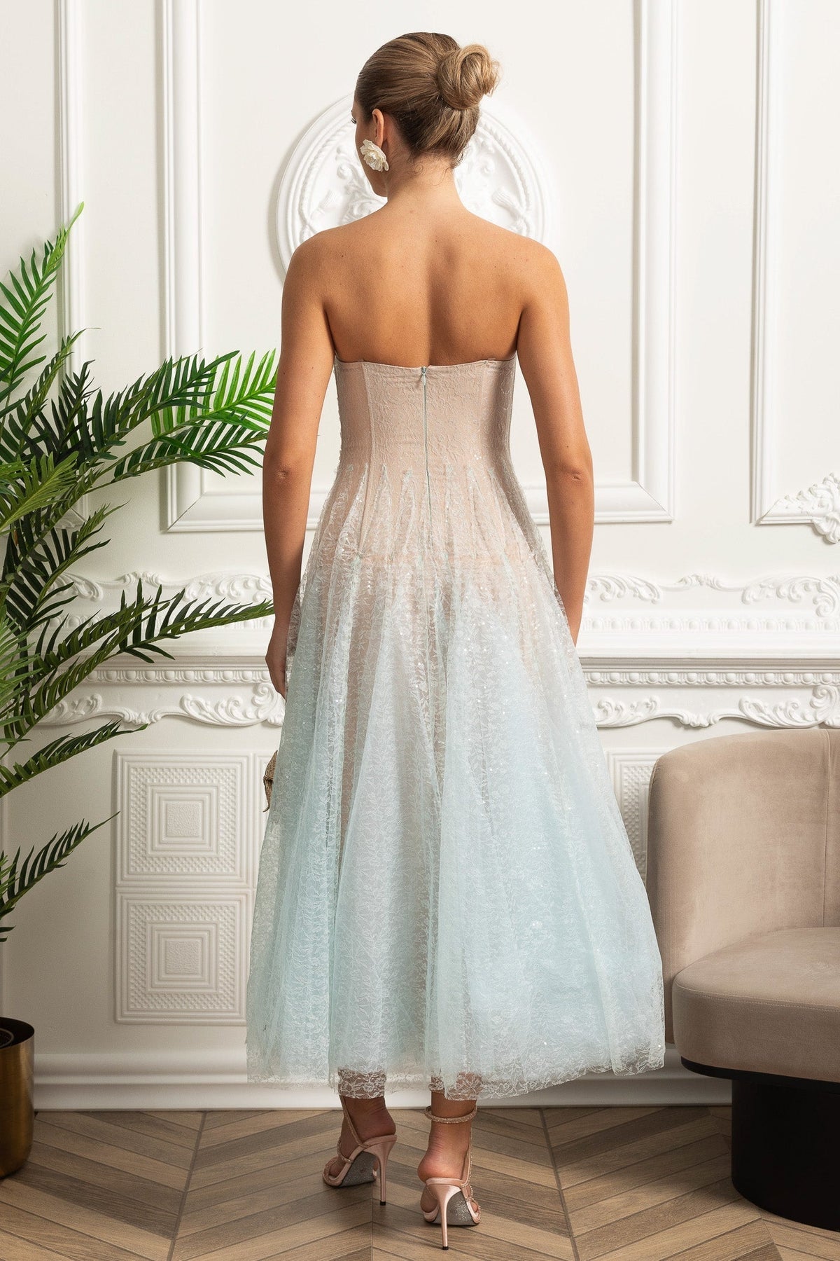 Strapless Ombre Lace Tulle A-Line Midi Dress 9
