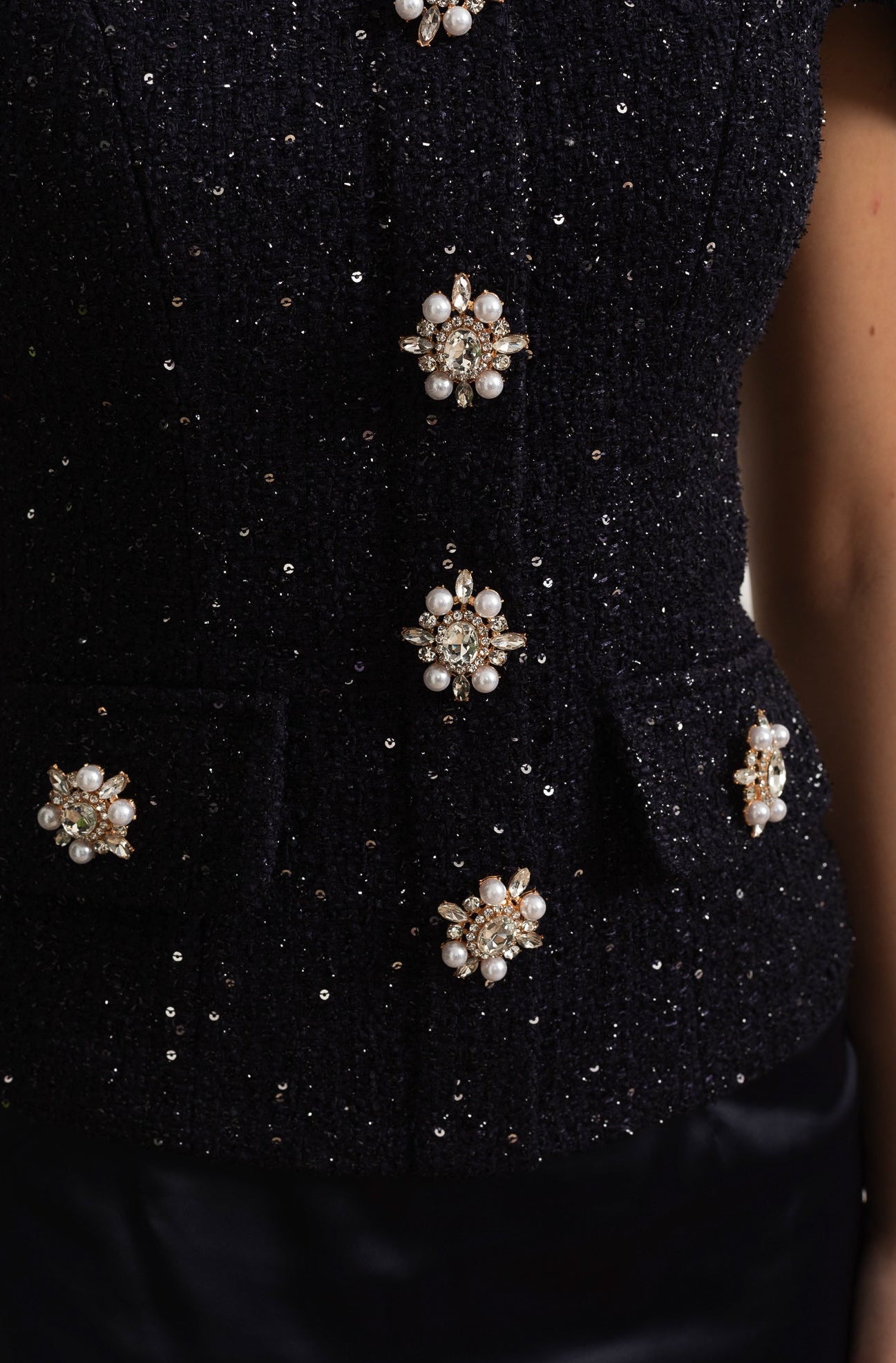 Co-Ord Set with Tweed Embellished Top and Satin Maxi Skirt - Navy
