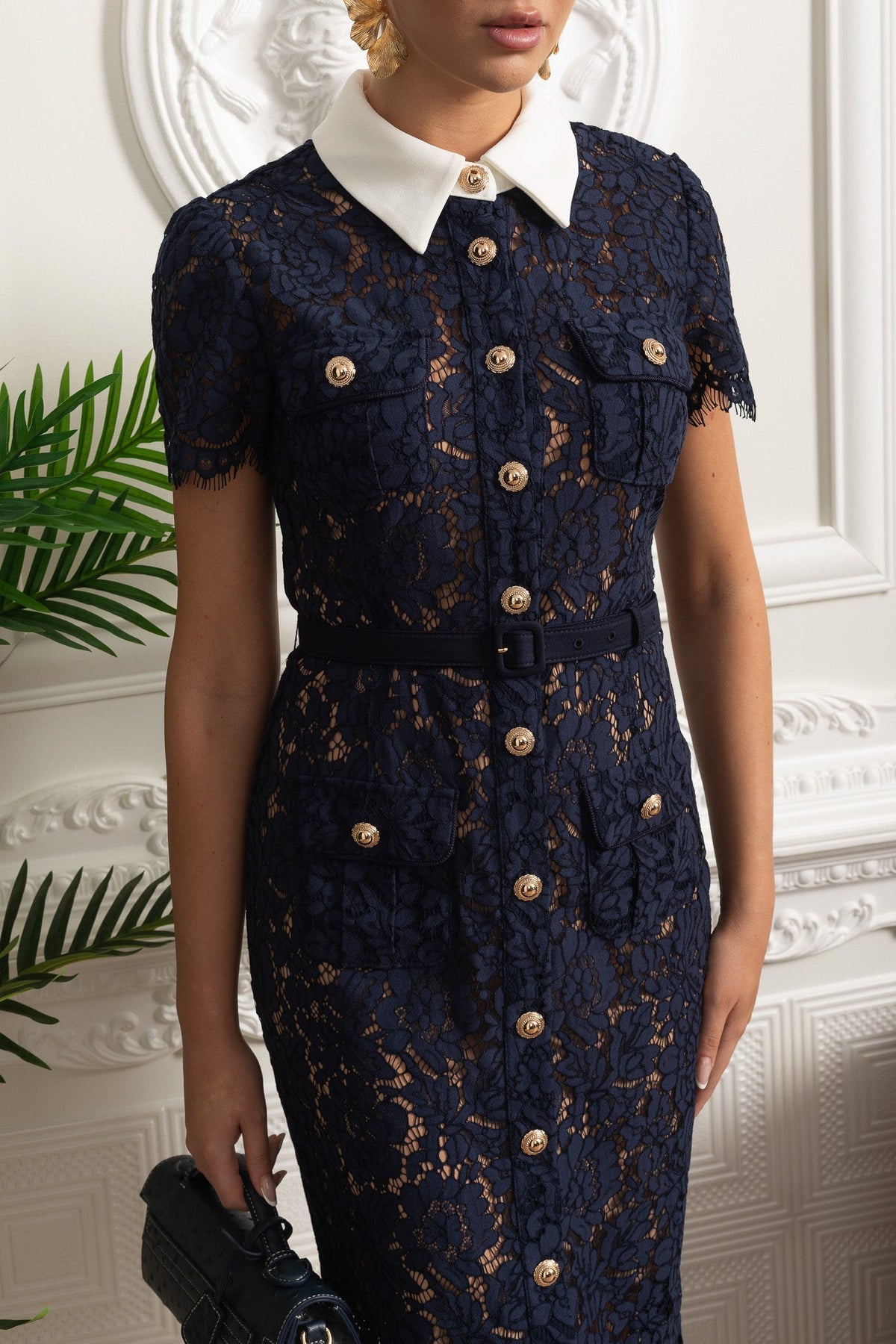 Floral Lace Contrast Collar Short Sleeve Belted Button Front Midi Dress 6