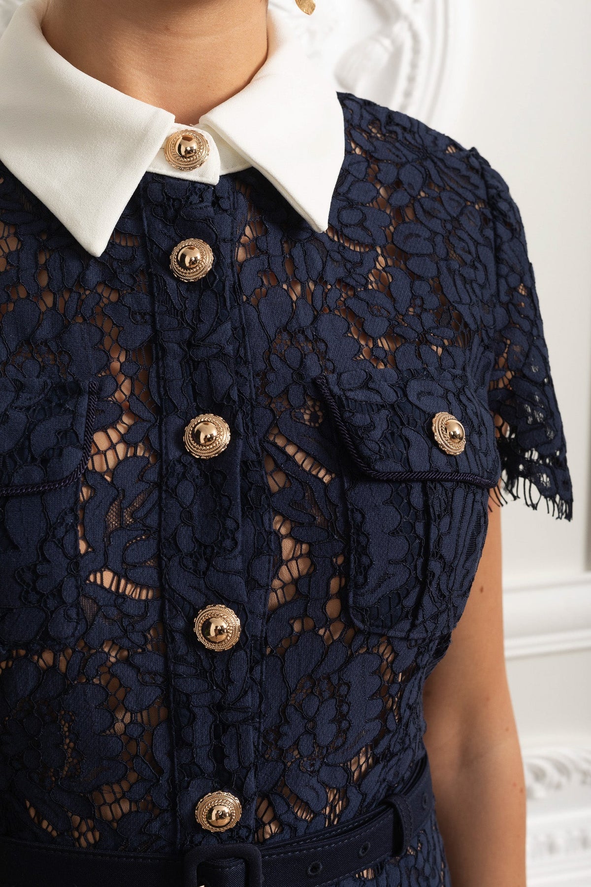 Floral Lace Contrast Collar Short Sleeve Belted Button Front Midi Dress 8