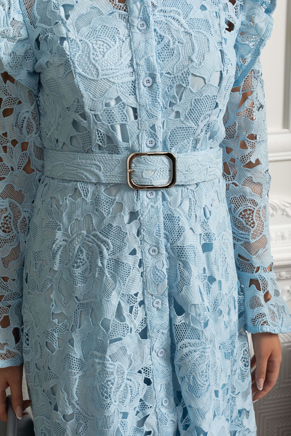 Floral Cut Out Lace Mock Neck Ruffle Shoulder Long Sleeve Belted Midi Dress 6