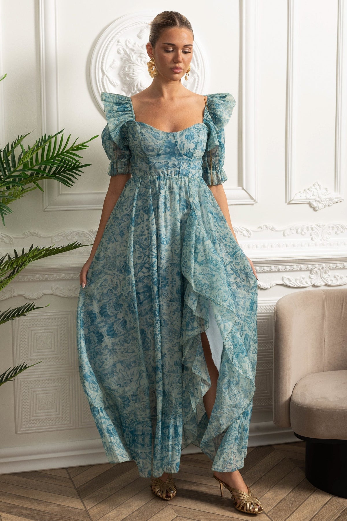 Toile Print Puff Sleeve Sweetheart Neck High Split Maxi Dress - View 6