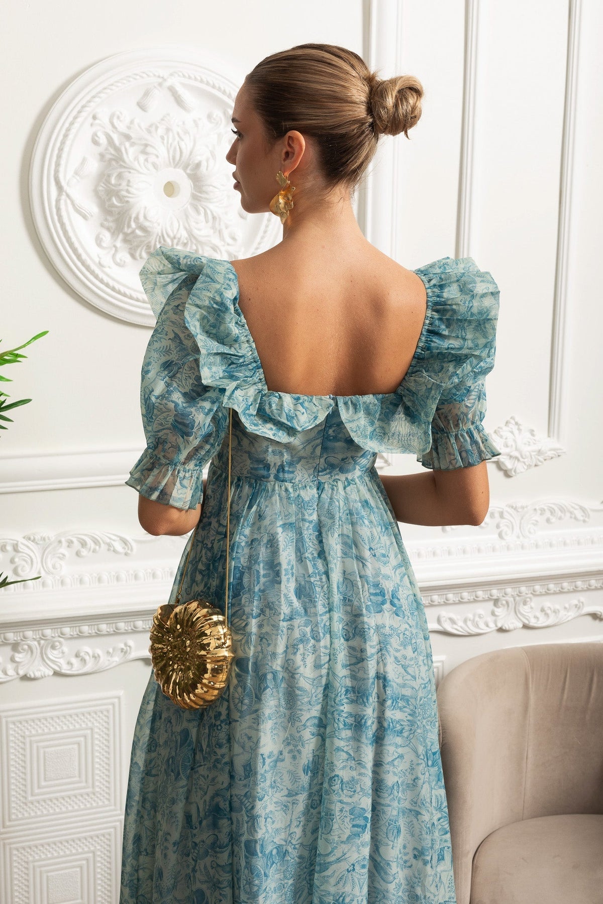 Toile Print Puff Sleeve Sweetheart Neck High Split Maxi Dress - View 9