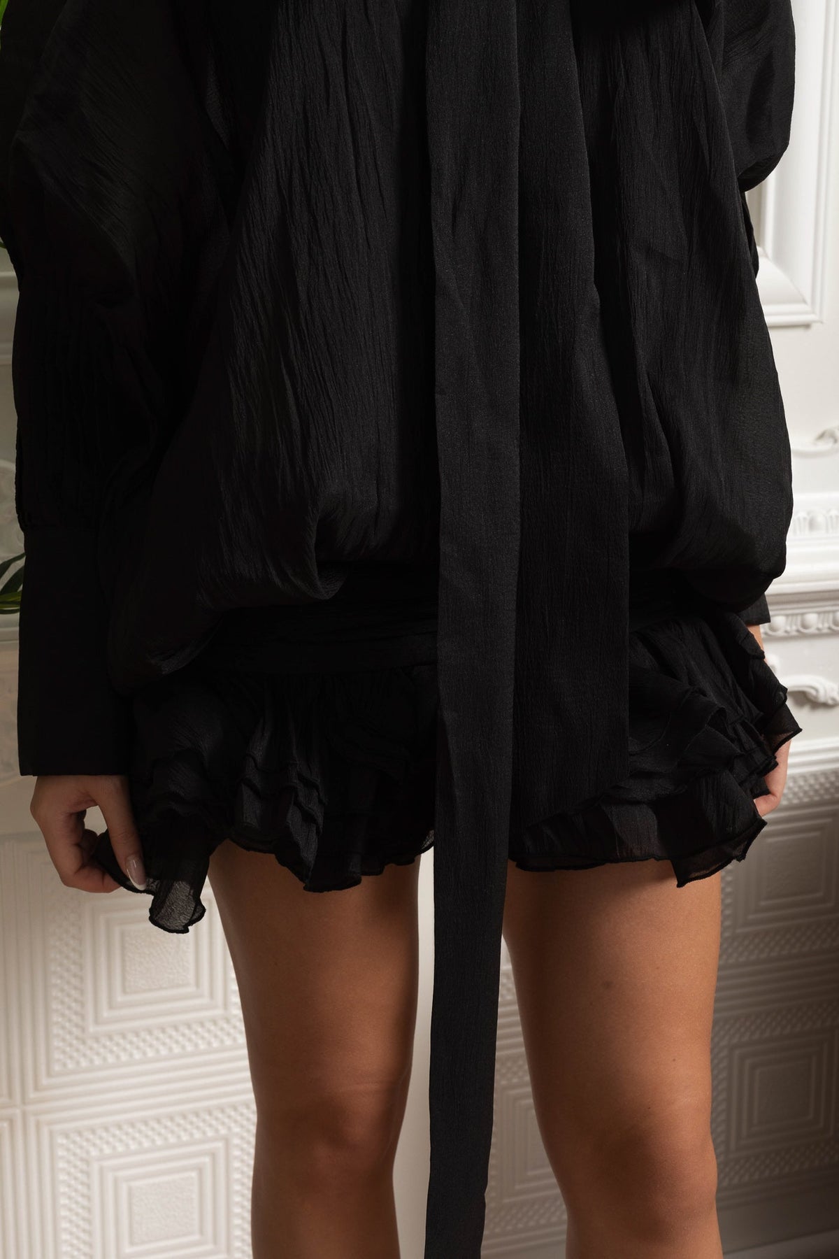 Sheer Bow Tie Neck Pleated Long Sleeve Oversized Ruffle Hem Mini Dress 6