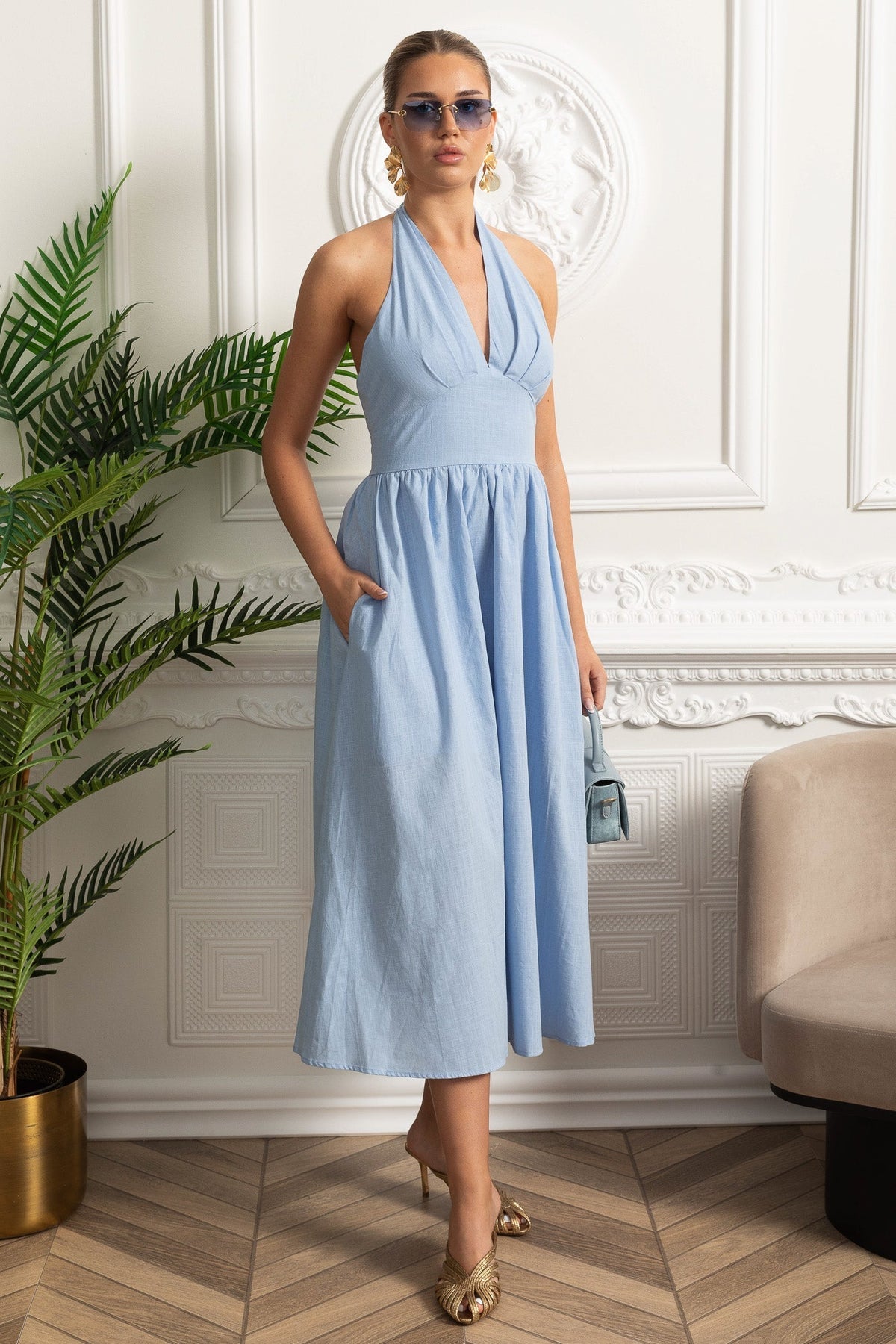 Halter Neck Deep V-Neck Pleated Bust Gathered A-Line Midi Dress 3