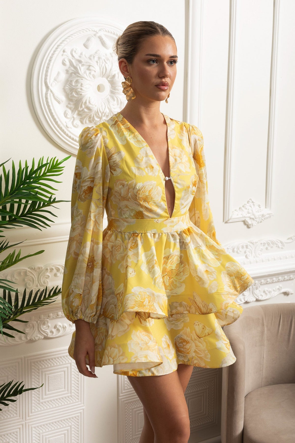 Rose Print Deep V-Neck Balloon Long Sleeve Tiered Peplum Mini Dress 5