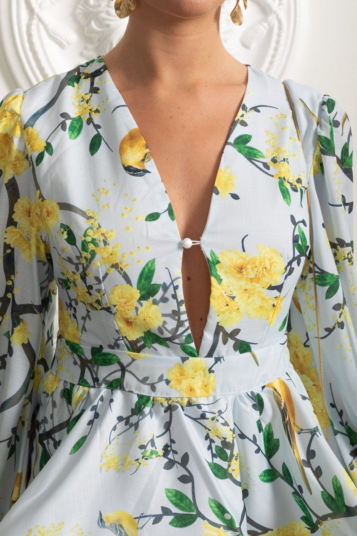Floral Bird Print Deep V-Neck Balloon Long Sleeve Tiered Peplum Mini Dress 4