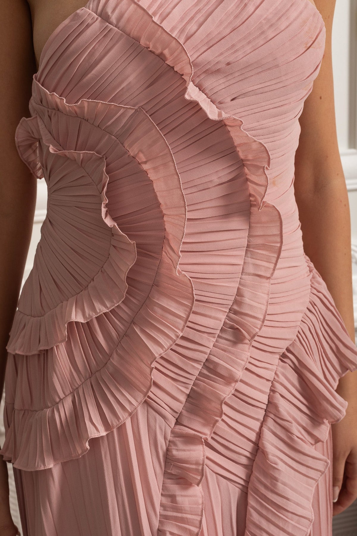 Pleated Halter Neck Rosette Cascading Ruffle Asymmetric Hem Midi Dress 10