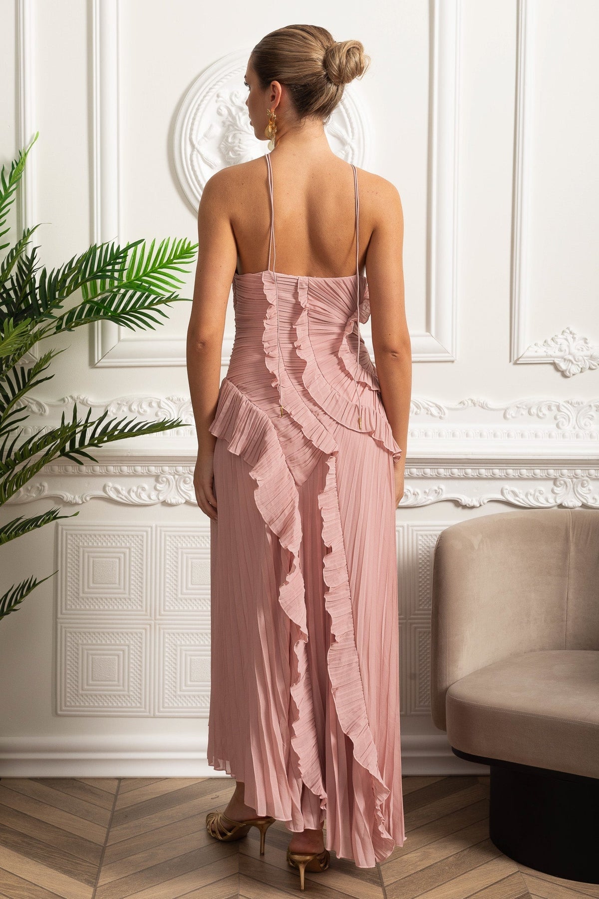 Pleated Halter Neck Rosette Cascading Ruffle Asymmetric Hem Midi Dress 8