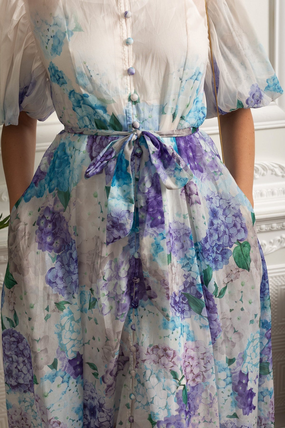 Sheer Organza Midi Shirt Dress Mandarin Collar Puff Sleeve Tie Belt - View 4