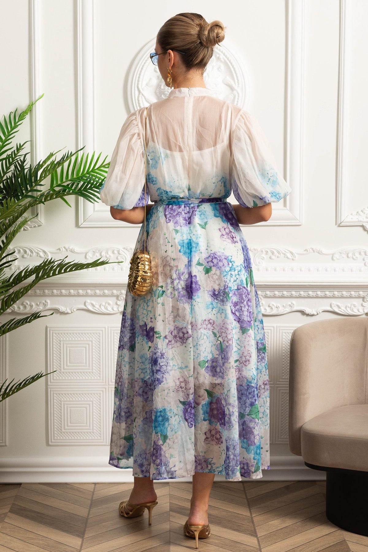 Sheer Organza Midi Shirt Dress Mandarin Collar Puff Sleeve Tie Belt - View 5