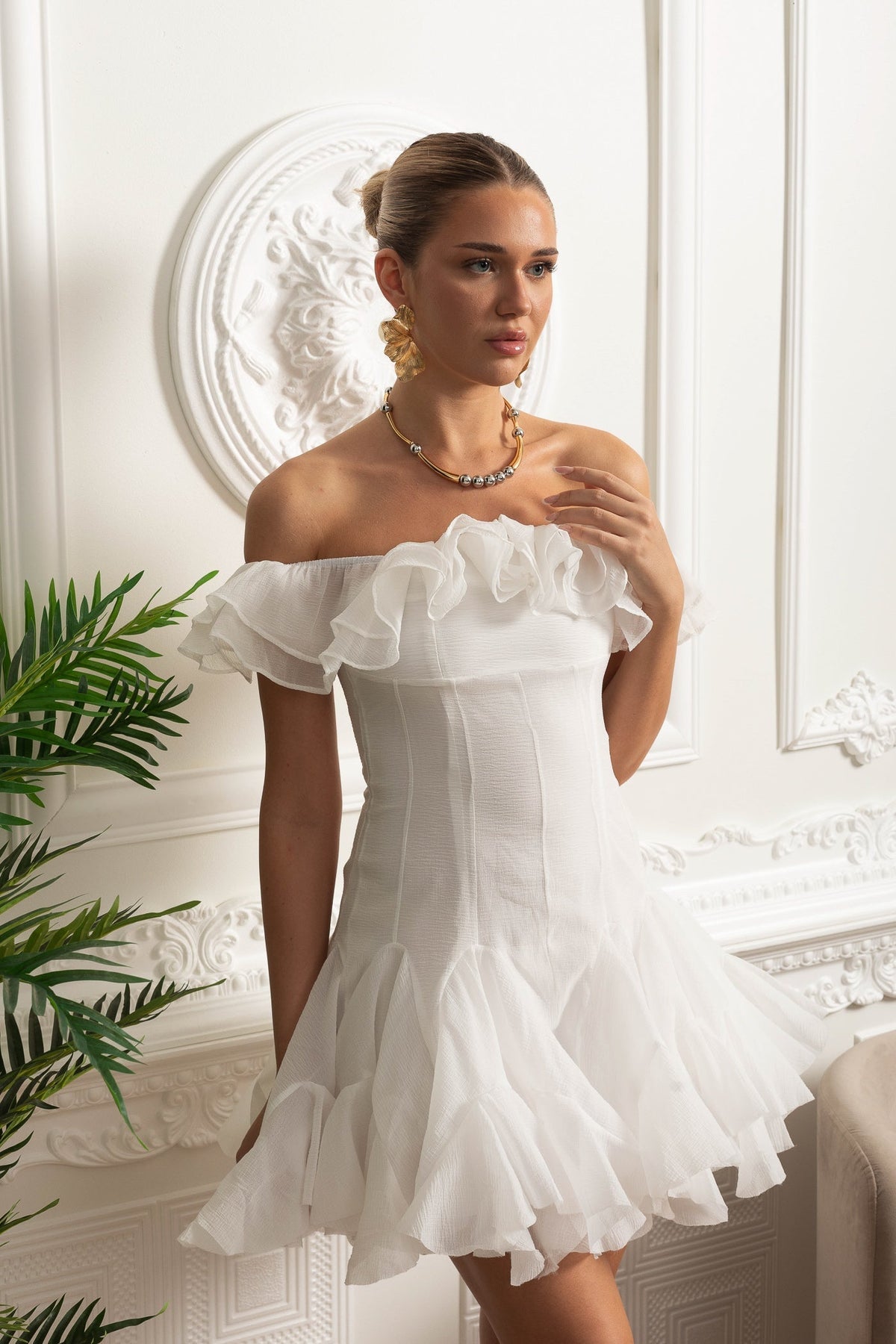 Off Shoulder Ruffle Trim Organza Drop Waist Flounce Hem Mini Dress 8
