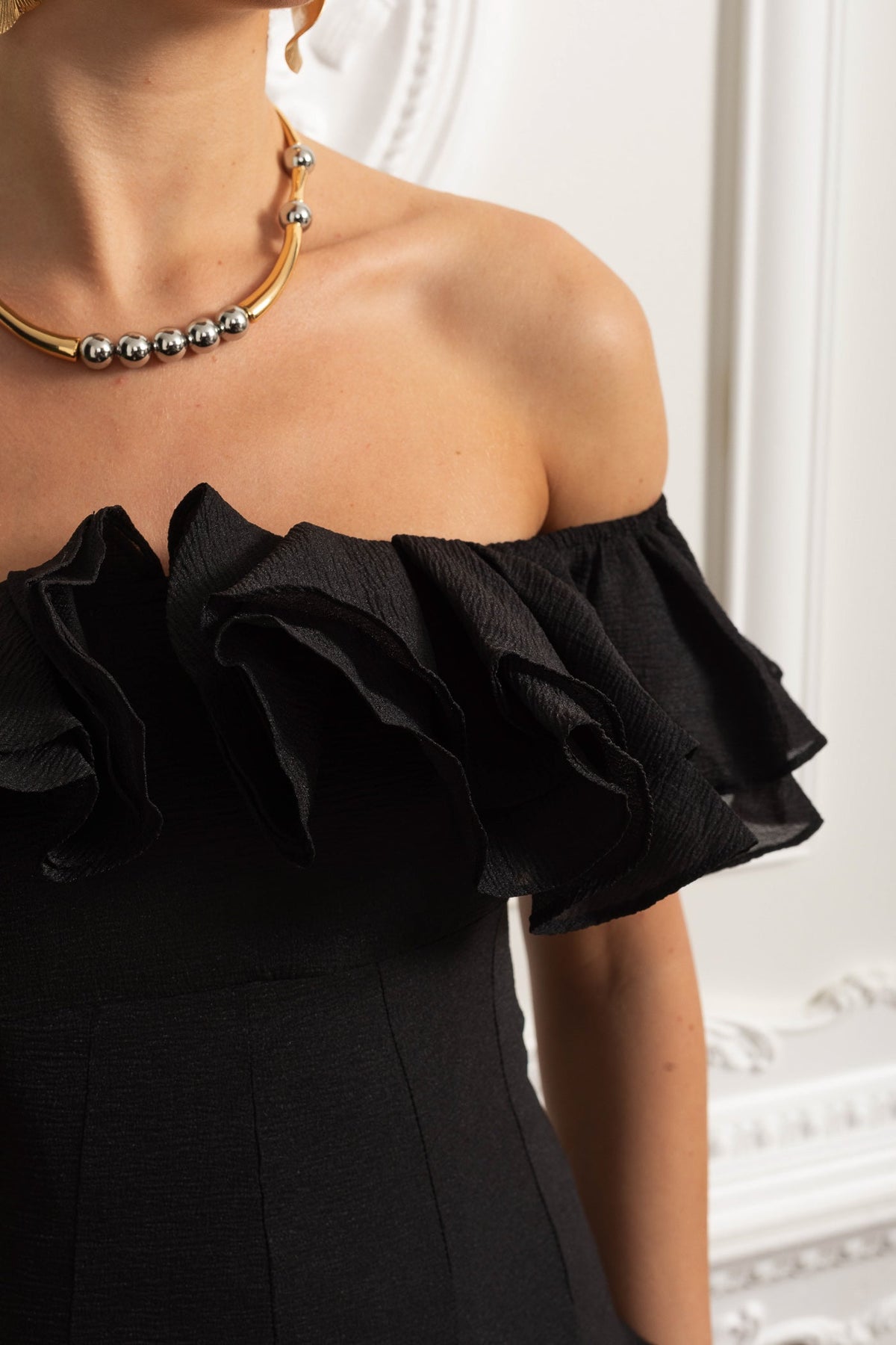 Off Shoulder Ruffle Trim Rosette Drop Waist Godet Hem Mini Dress 5