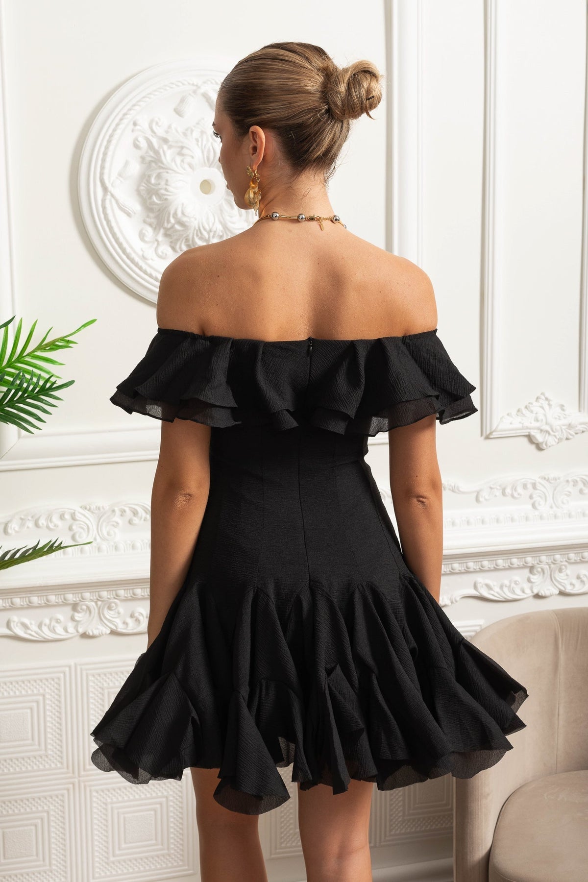 Off Shoulder Ruffle Trim Rosette Drop Waist Godet Hem Mini Dress 7