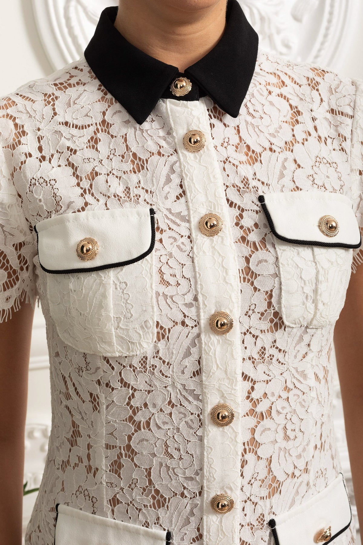 Floral Lace Contrast Collar Button Front Four Pocket Short Sleeve Mini Dress 6