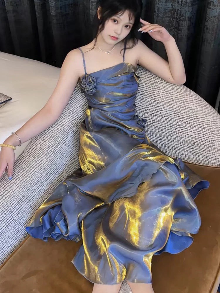 Mermaid Spaghetti Straps Prom Dresses Gray Blue Party Dress SD1307