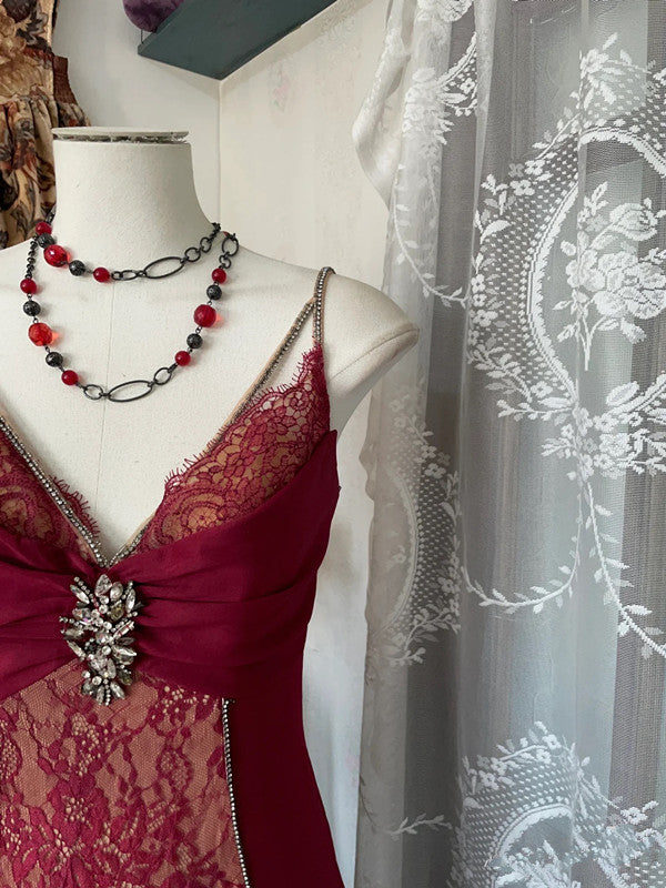 Sexy Mermaid Spaghetti Straps Red Lace Prom Dresses Long Party Dress SD1308