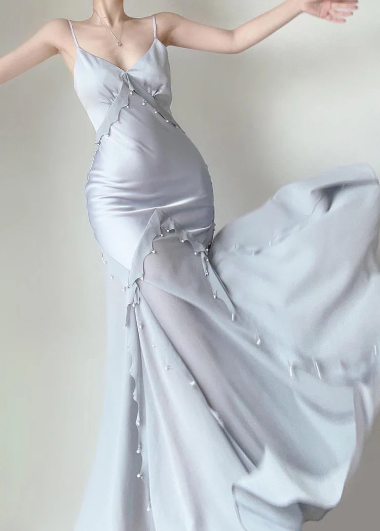 Retro Mermaid Straps Satin Blue Long Prom Dresses Party Dress SD1320