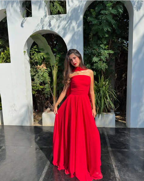 Pretty A Line Strapless Red Chiffon Long Prom Dresses Formal Evening Dress SD1405