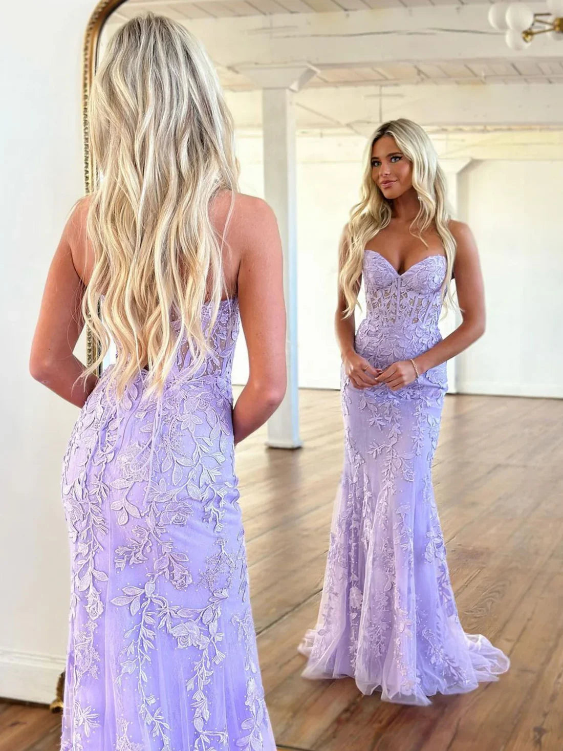Elegant Mermaid Sleeveless Lace Lilac Evening Prom Dresses Long Prom Dresses SD1420