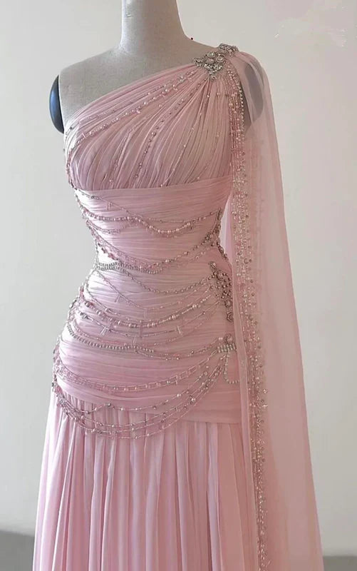 Vintage One Shoulder Pink Beaded A Line Chiffon Evening Dress Elegant Prom Dress cc1659
