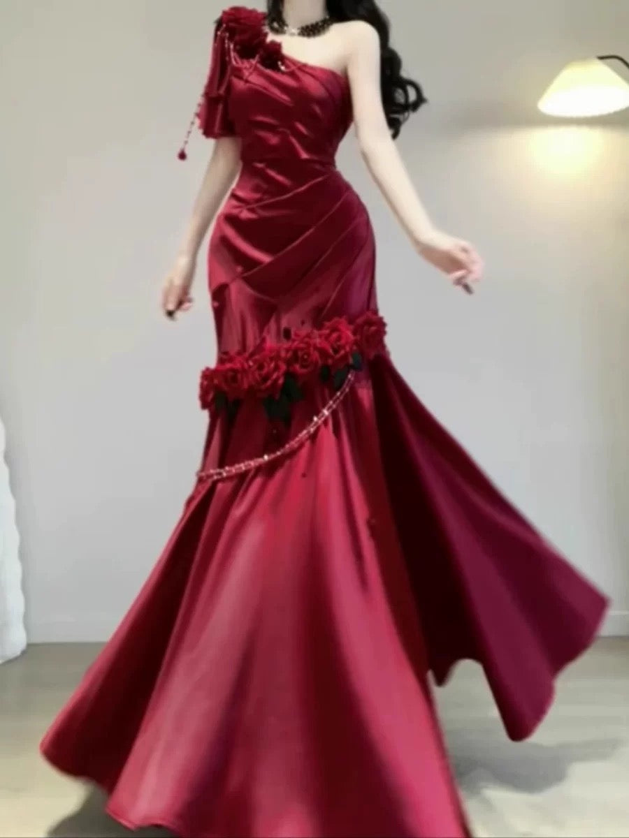 Retro Mermaid One Shoulder Black Satin Party Dress Long Prom Dresses SD1471