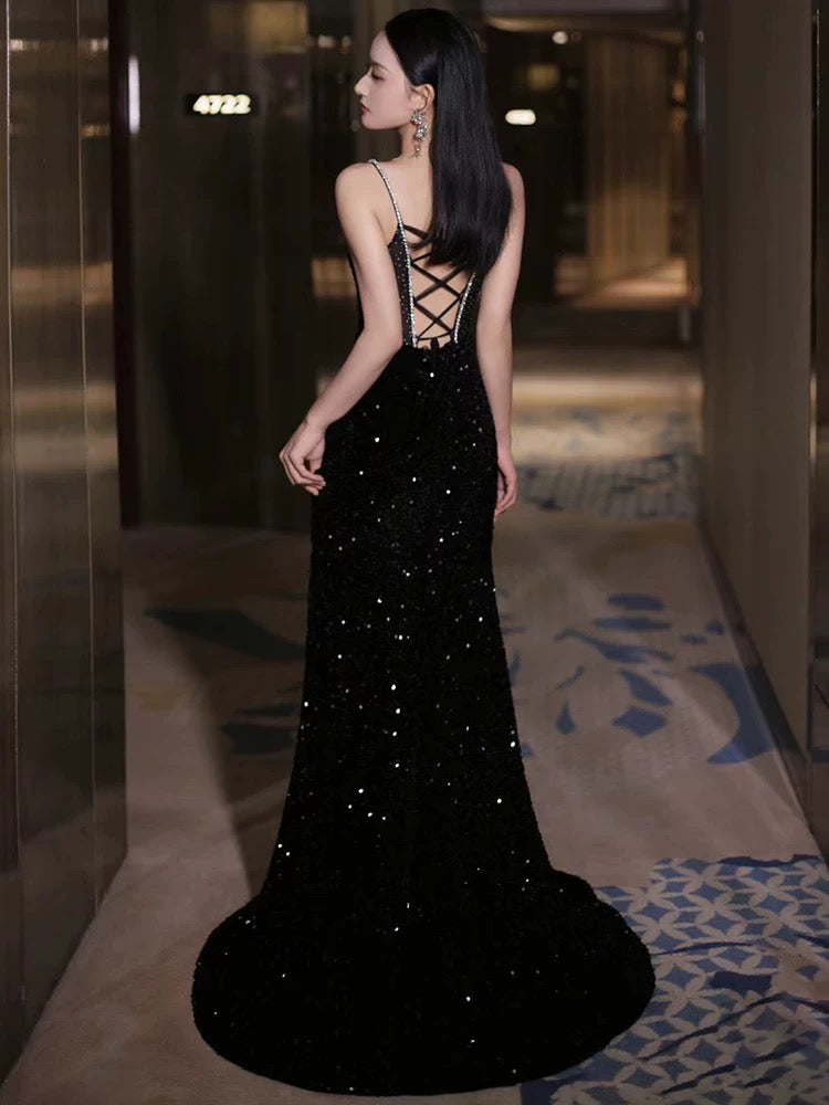 Sexy Mermaid Spaghetti Straps Sequin Black Long Prom Dresses SD1526