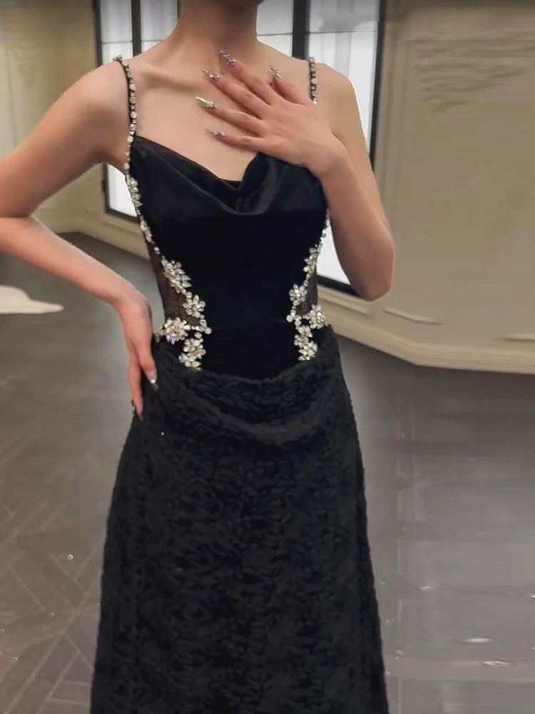 Sexy Mermaid Spaghetti Straps Black Floor Length Evening Dress Prom Dresses SD1632