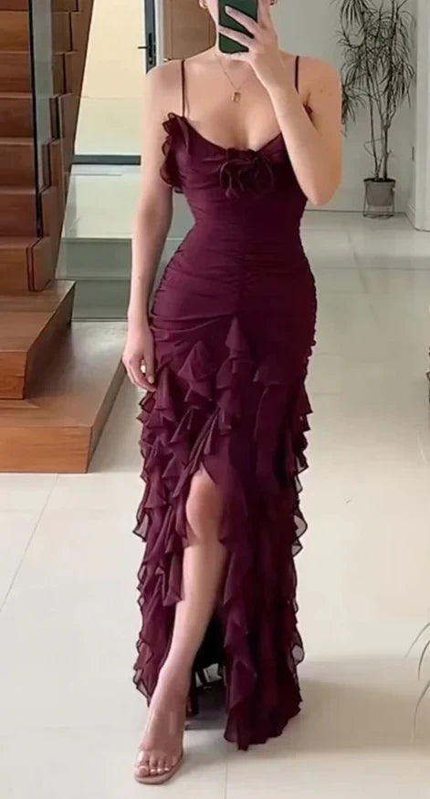 Sexy Mermaid Spaghetti Straps Ankle Length Chiffon Evening Dress Prom Dresses SD1642